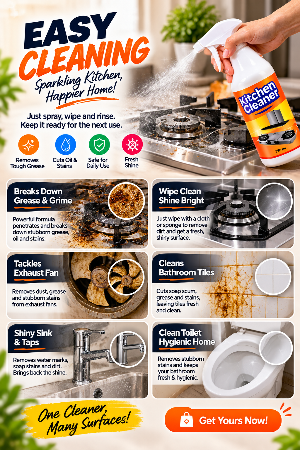 Kitchen & Bathroom Cleaner – Multipurpose Grease & Stain Remover | Pack of 2