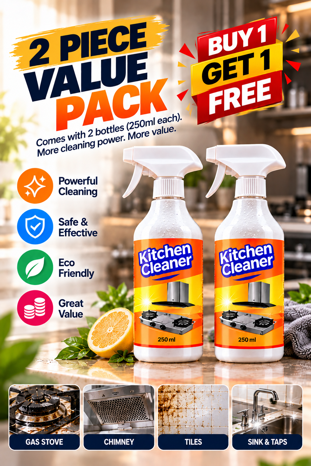 Kitchen & Bathroom Cleaner – Multipurpose Grease & Stain Remover | Pack of 2