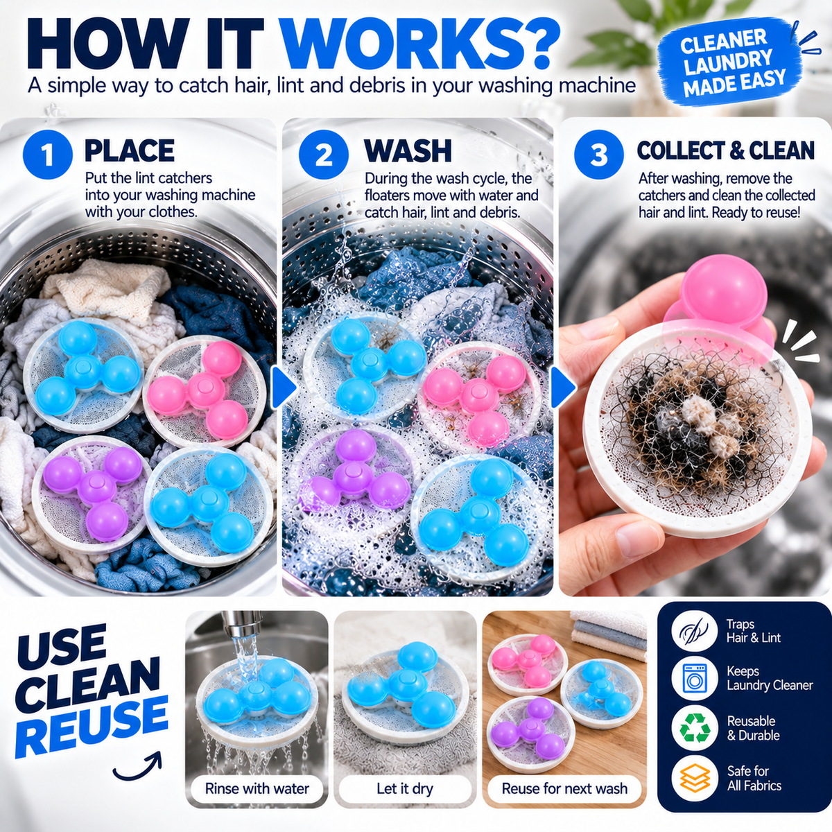 Washing Machine Hair & Lint Filter – Reusable 4 Pc