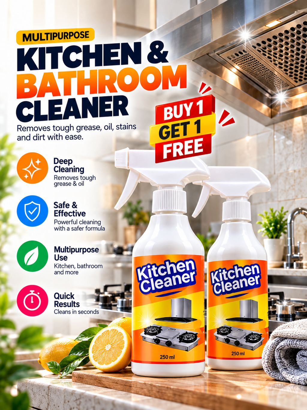 Kitchen & Bathroom Cleaner – Multipurpose Grease & Stain Remover | Pack of 2
