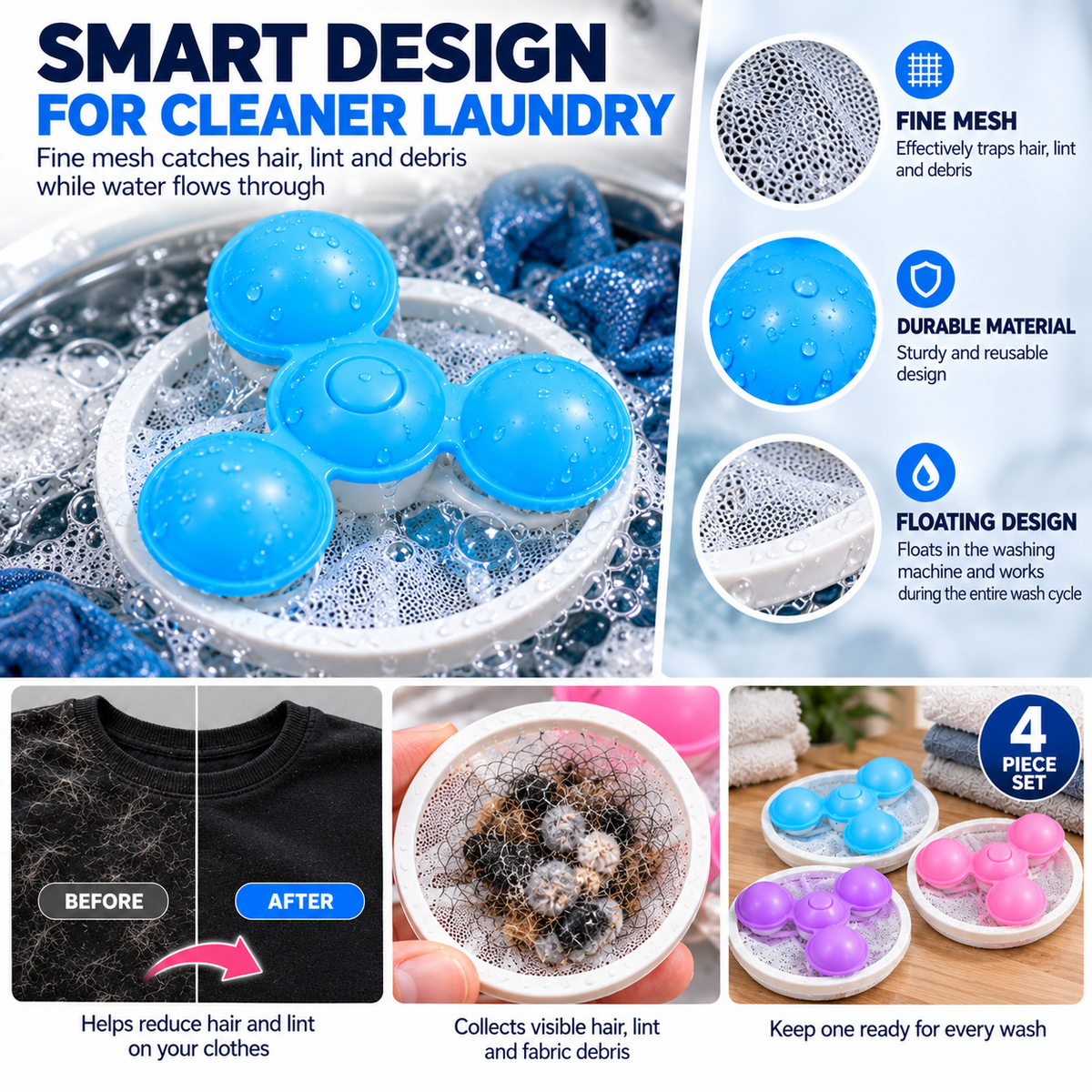 Washing Machine Hair & Lint Filter – Reusable 4 Pc