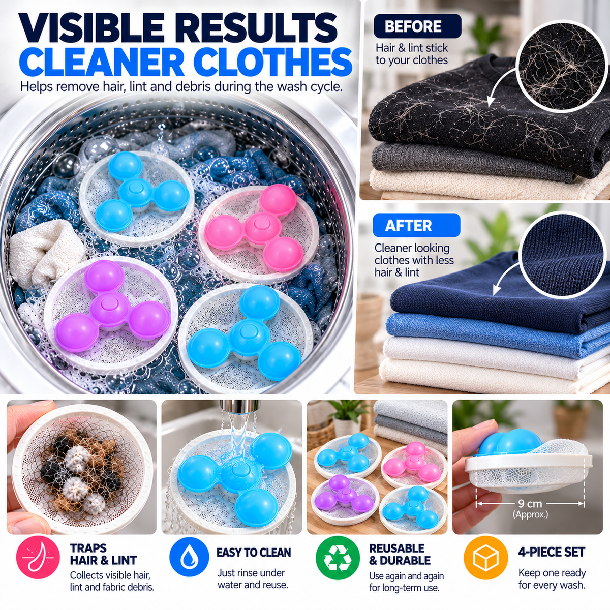 Washing Machine Hair & Lint Filter – Reusable 4 Pc